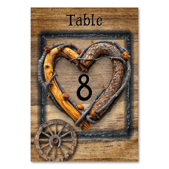 Country Western Wedding Twig Frame Wagon Wheel  Table Number (Front)