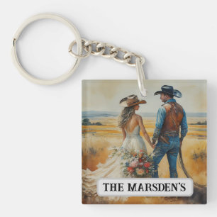 Country Western Wedding Watercolor Keychain