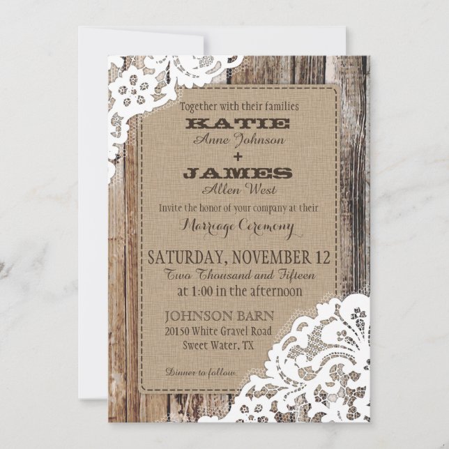 Country Western Wood Lace Rustic Wedding Invitation (Front)