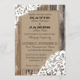 Country Western Wood Lace Rustic Wedding Invitation