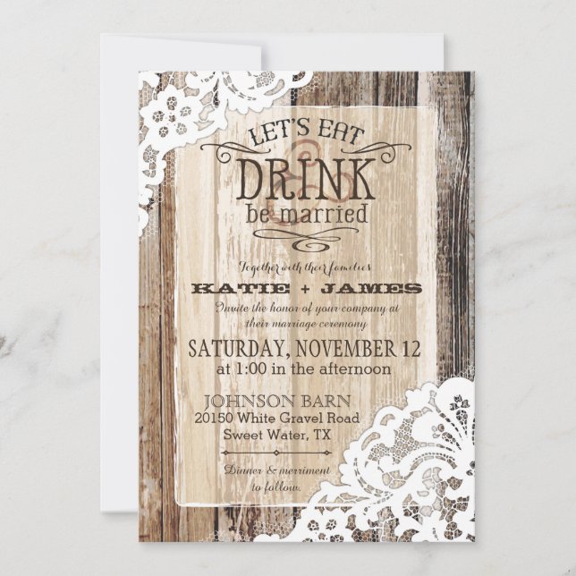 Country Western Wood Lace Rustic Wedding Invitation (Front)