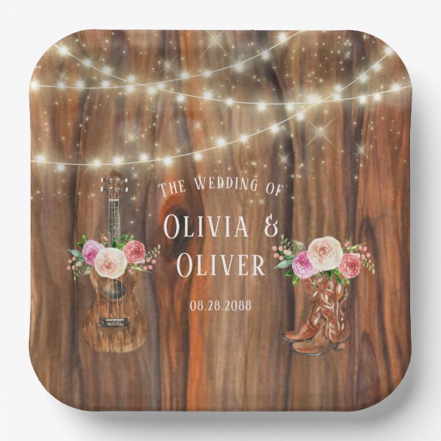 Country Western Wood Lights Violin Wedding Paper Plate (Front)
