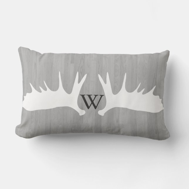 Country White Moose Antlers Grey Planks Monogram Lumbar Pillow (Front)