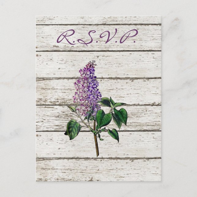 country whitewashed barn wood purple lilac wedding invitation postcard (Front)