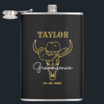 Country Wild West Cowboy Personalized Groomsmen Hip Flask<br><div class="desc">Personalized gifts for groomsmen with old western cowboy theme. Decorated with cowboy hat with vintage western font. Text and background colour are editable using the Design Tool to fit your occasion. Get this customize gift for wedding,  bachelor party,  engagement party or any other special occasions.</div>