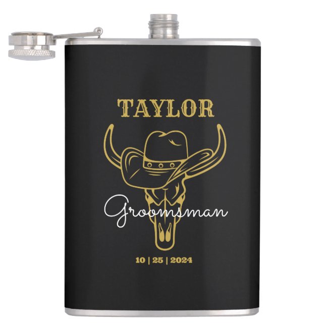Country Wild West Cowboy Personalized Groomsmen Hip Flask (Opened)