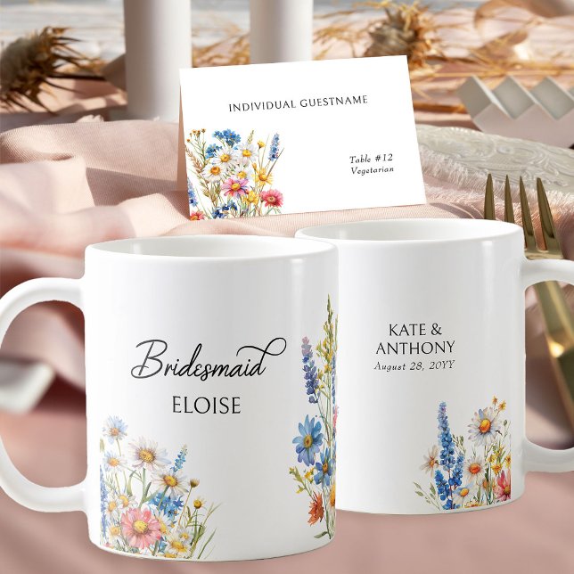 Country Wildflower Bridesmaid Wedding Gift Coffee Mug (Bridal Party Personalized Mugs from Country Wildflower Wedding Collection by Darling & May)