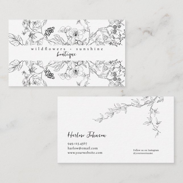 Country Wildflower Floral Botanical Line Drawing  Business Card (Front/Back)