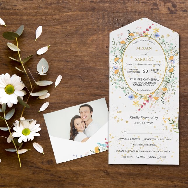 Country Wildflowers Oval Frame Photo Wedding All In One Invitation (Creator Uploaded)