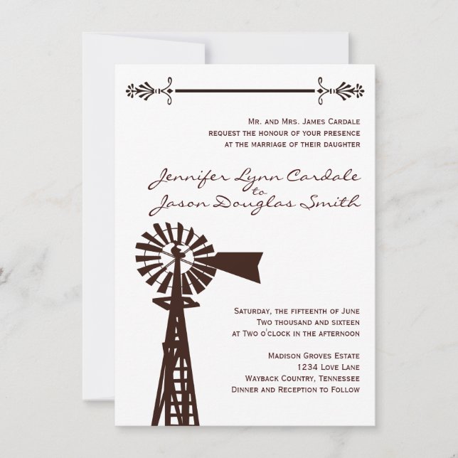 Country Windmill Rural Rustic Wedding Invitations (Devant)