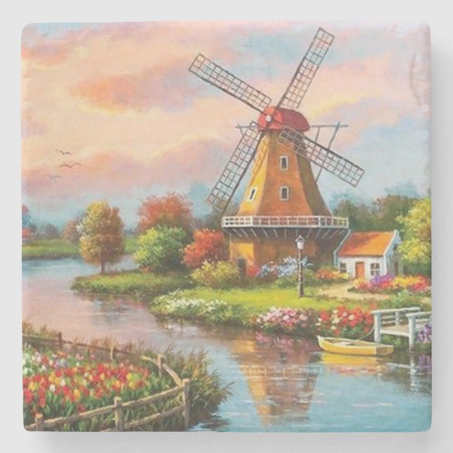 Country Windmills Fine Art Stone Coaster (Front)