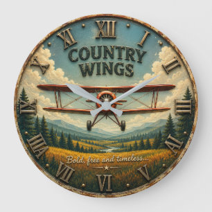 Country Wings Vintage Biplane Rustic Aviation Large Clock