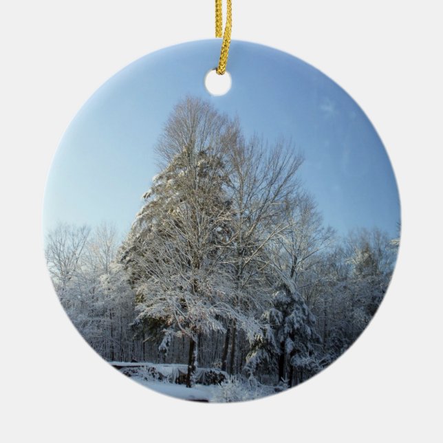 Country Winter Morning Pine Tree Scenes Ceramic Ornament (Front)