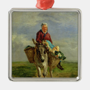 Country Woman Riding a Donkey Metal Ornament