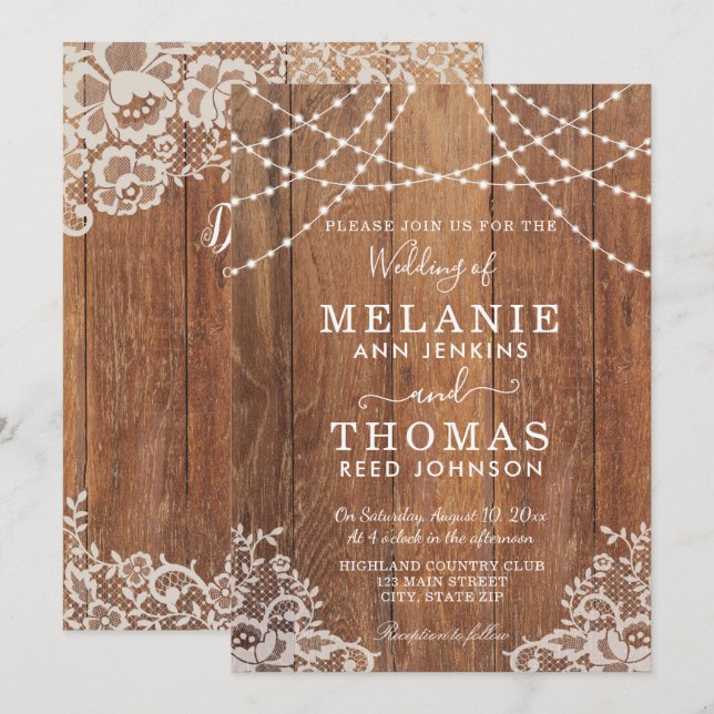 Country Wood and Lace Wedding Invitation, Rustic Invitation (Front/Back)