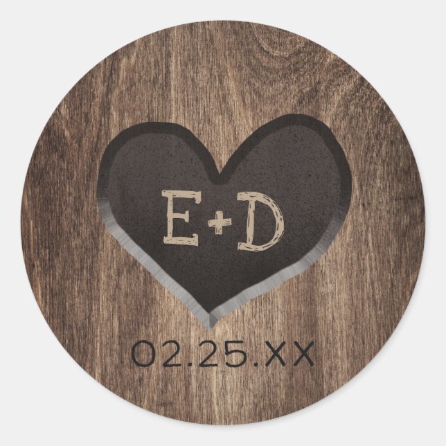 Country Wood Heart Monogram Rustic Wedding Classic Round Sticker (Front)