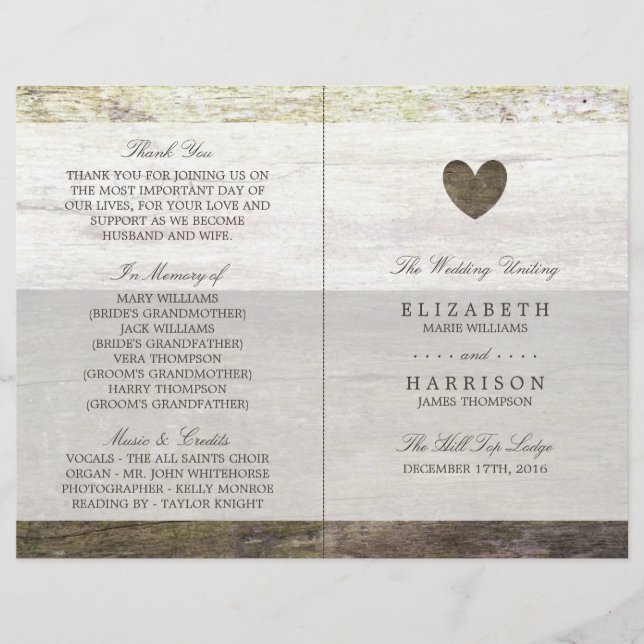 Country Wood Heart Wedding Program (Front)