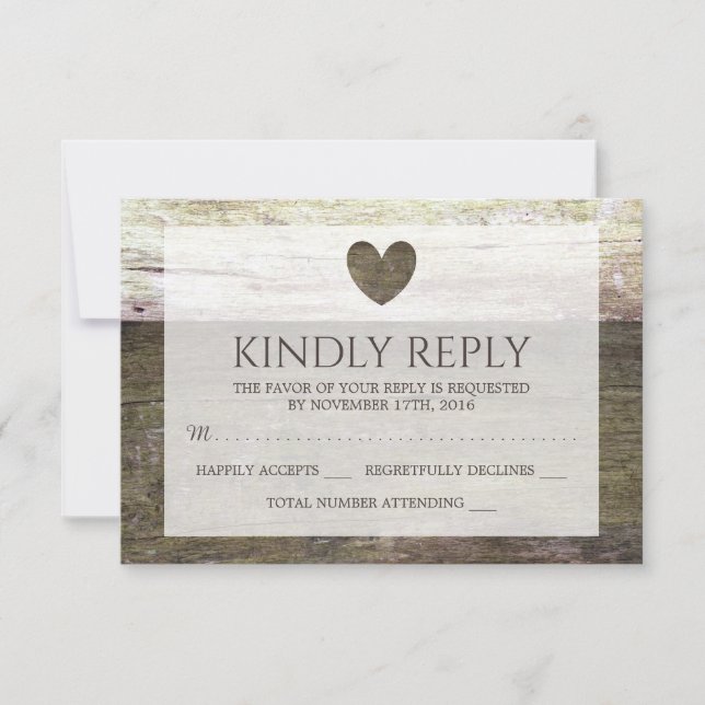 Country Wood Heart Wedding RSVP Card (Front)