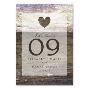 Country Wood Heart Wedding Table Number