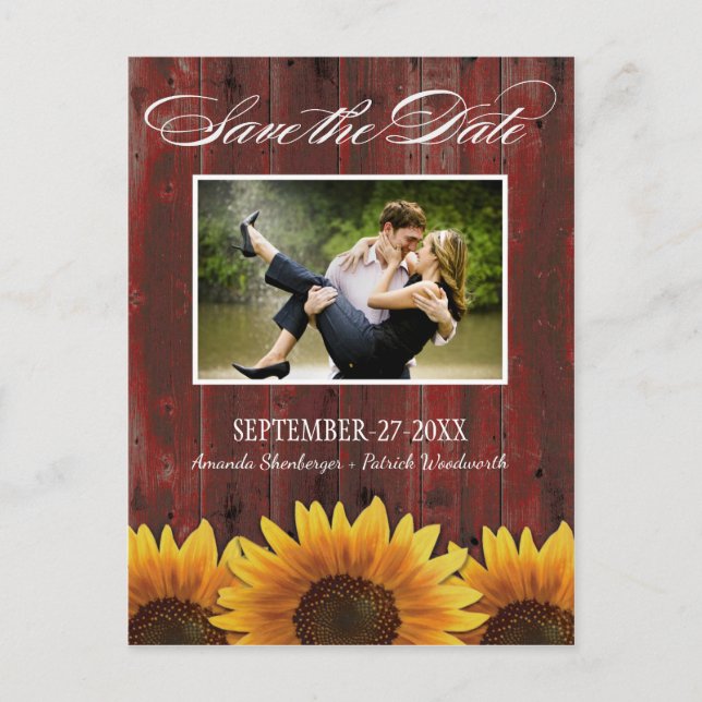 Country Wood Rustic Sunflower Save the Date Cards (Front)