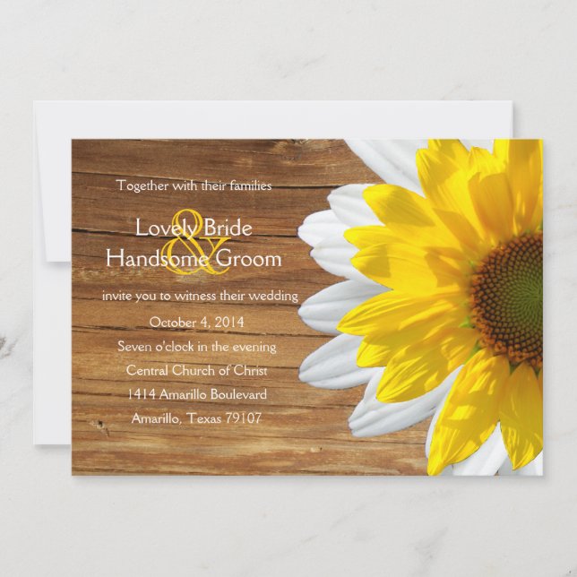 Country Wood Sunflower Daisy Summer Wedding Invite (Front)