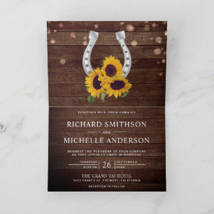 Country Wood Sunflower Horseshoe QR Code Wedding Invitation