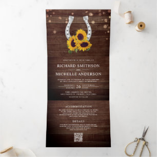 Country Wood Sunflower Horseshoe QR Code Wedding Tri-Fold Invitation