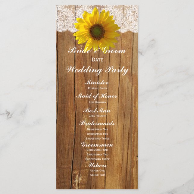 Country Wood Sunflower Lace Wedding Program (Front)