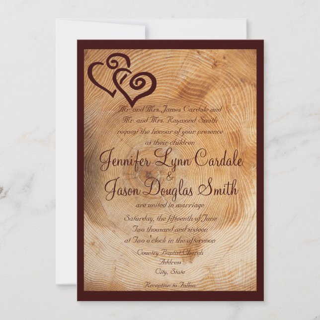 Country Wood Tree Rings Hearts Wedding Invitations (Front)