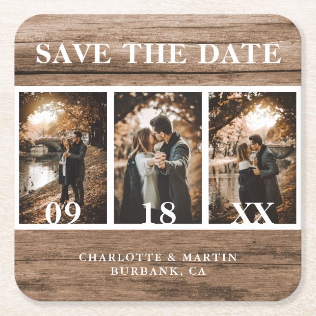 Country Wood Wedding Photo Save The Date Square Paper Coaster (Front)