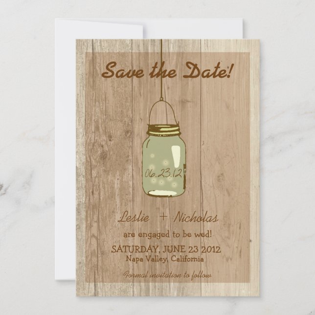 Country Wooden Rustic Mason Jar Save the Date (Front)