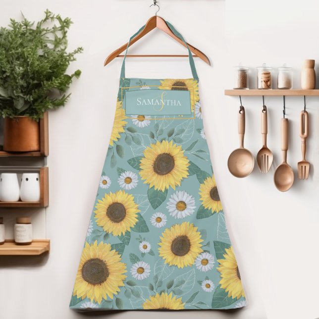 Country Yellow Sunflower Monogram Name Apron (Indulge in the sunflower charm of our Womens apron.  Cook in style and let your name shine!)