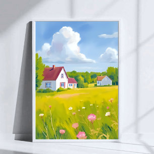 Countryside Abode Lush Green Fields Watercolor Poster