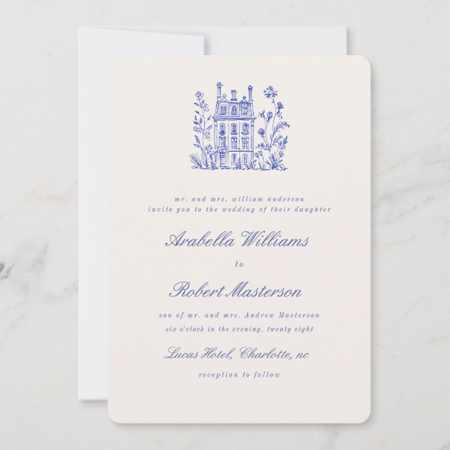 Countryside Blue Elegant Wedding Invitation (Front)