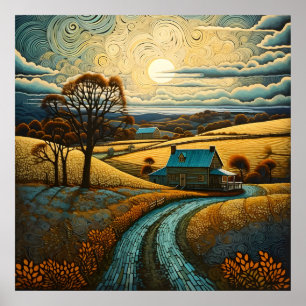 Countryside Farmhouse With Sunset Farming Filed  Poster