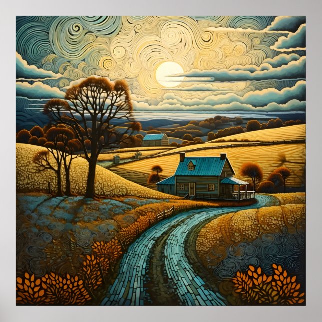 Countryside Farmhouse With Sunset Farming Filed  Poster (Front)