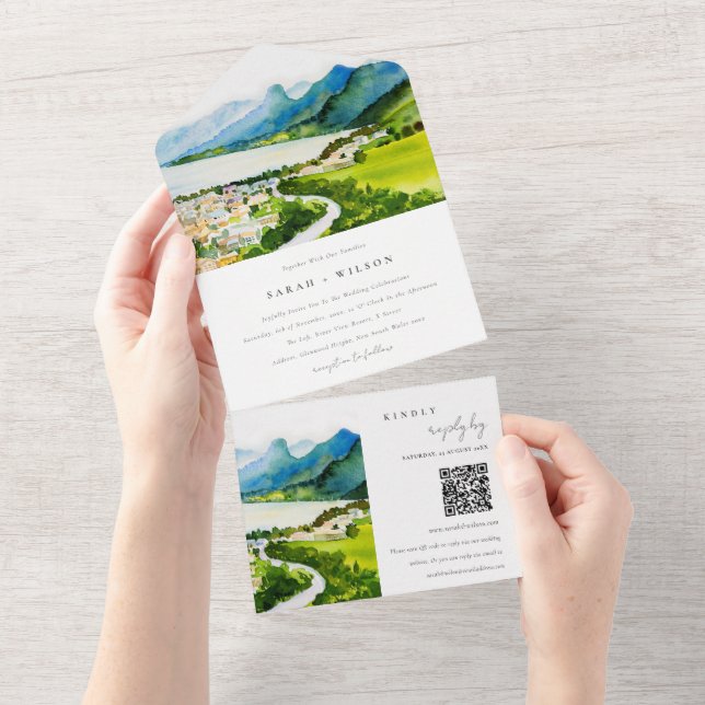 Countryside Lake Village Landscape Wedding QR Code All In One Invitation (Tearaway)