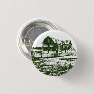 Countryside landscape woodcut style farm house 1 inch round button
