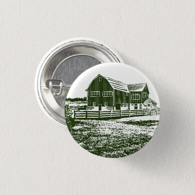 Countryside landscape woodcut style farm house 1 inch round button (Front & Back)