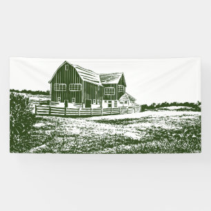 Countryside landscape woodcut style farm house banner