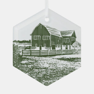 Countryside landscape woodcut style farm house glass ornament