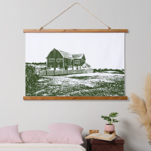Countryside landscape woodcut style farm house hanging tapestry
