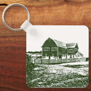 Countryside landscape woodcut style farm house keychain