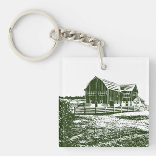 Countryside landscape woodcut style farm house keychain
