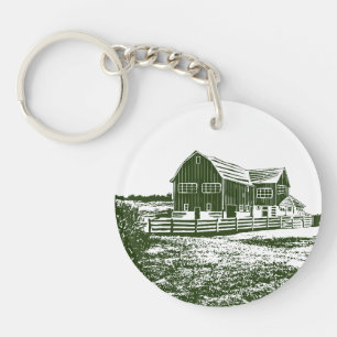 Countryside landscape woodcut style farm house keychain