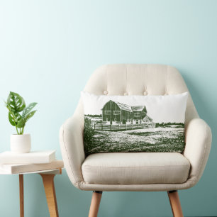 Countryside landscape woodcut style farm house lumbar pillow