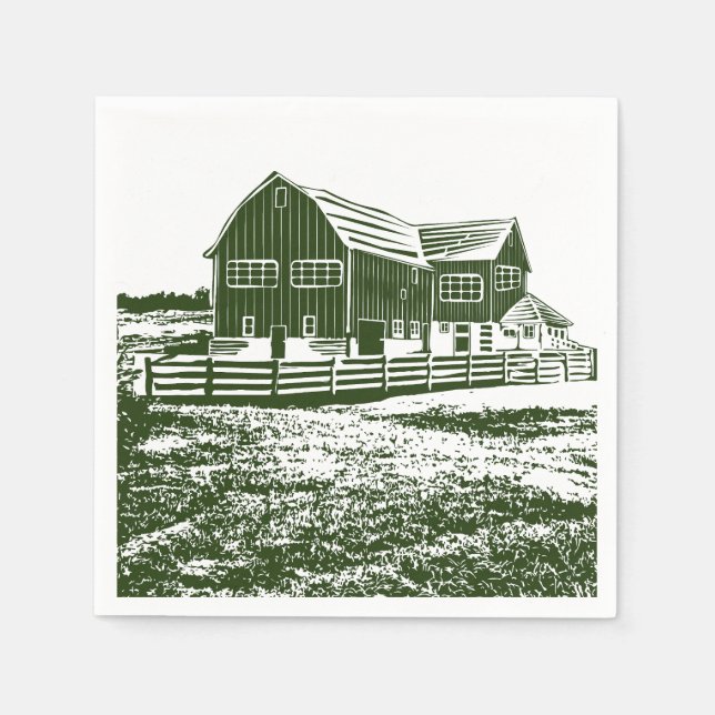 Countryside landscape woodcut style farm house napkin (Front)