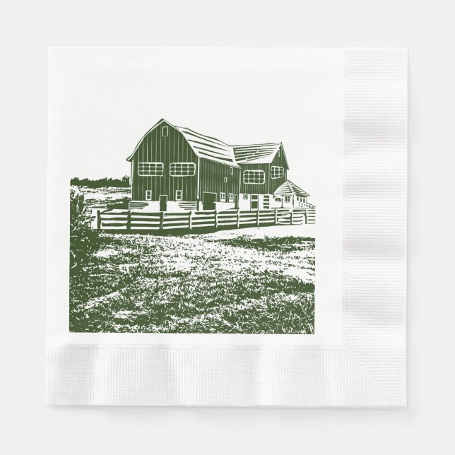 Countryside landscape woodcut style farm house napkin (Front)
