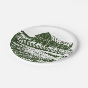 Countryside landscape woodcut style farm house paper plate