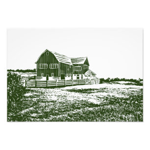Countryside landscape woodcut style farm house photo print